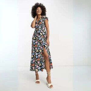 ASOS DESIGN Flutter Sleeve Midi Tea Dress with Buttons in Multi Floral Print